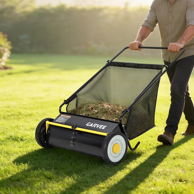 Garvee 26 in Heavy-Duty Push Lawn Sweeper - 4 Spinning Brushes, 7Ft³ Large Capacity Collection Bag, Adjustable Height for Grass, Leaves & Debris On All Terrains, Black