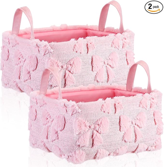 2 Pcs Pink Bow Storage Baskets 14x10'' Back to School Gift Baskets Foldable Fluffy Laundry Storage Bin with Handle Coquette Closet Organizer for Preppy Dormitory Countertop Tabletop Shelf