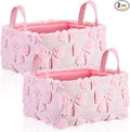 2 Pcs Pink Bow Storage Baskets 14x10'' Back to School Gift Baskets Foldable Fluffy Laundry Storage Bin with Handle Coquette Closet Organizer for Preppy Dormitory Countertop Tabletop Shelf