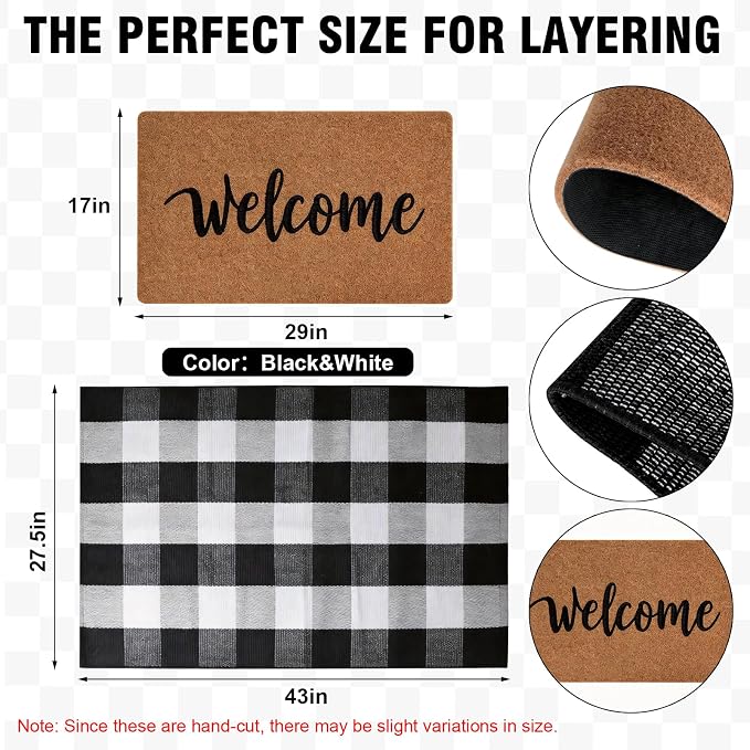 2 Pcs Home Decor Door Mat Combo Set, Coir Welcome Mat & 27.5 x 43 Inches Black and White Plaid Rug,Layered Buffalo Plaid Mat for Front Porch Entryway, Indoor Outdoor Welcome Mats