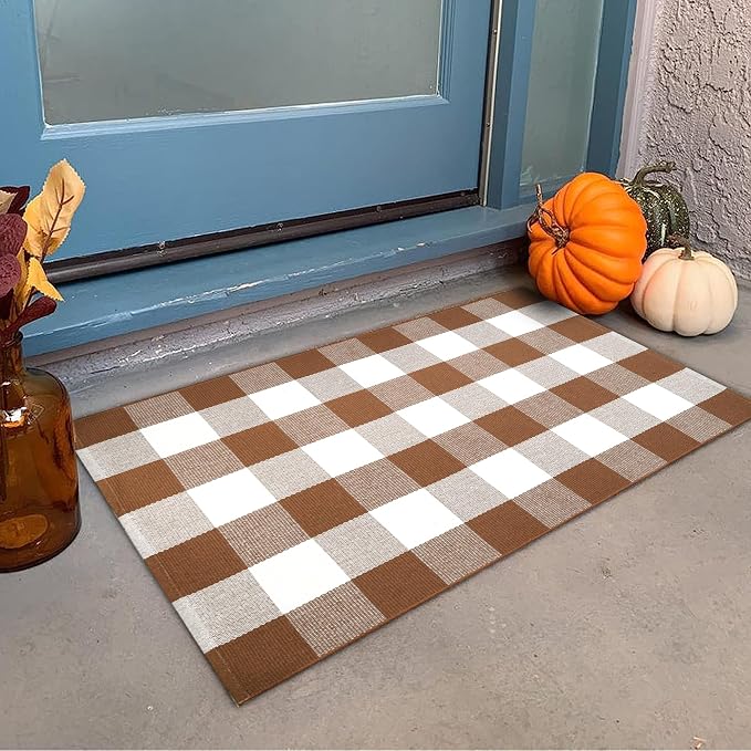 Ckorzen Coffee and White Plaid Rug,28" x 43" Outdoor Front Porch Door Decor Mat, Washable Cotton Woven Farmhouse Area Rug for Layered Door Mats Carpet, Entryway, Easter Décor