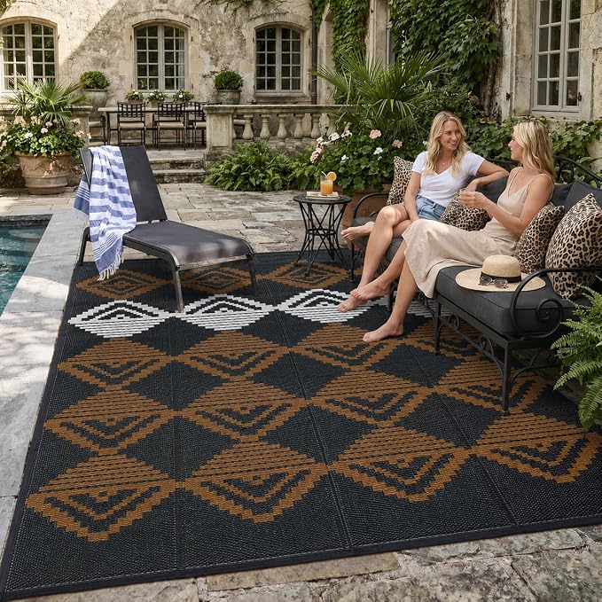 Lahome Outdoor Plastic Straw Rug, Reversible Outdoor Rug Waterproof 6x9 Patio Rugs, Camping Rugs for RV Backyard Deck Porch Picnic Beach Trailer (Black/Brown, 6' x 9')