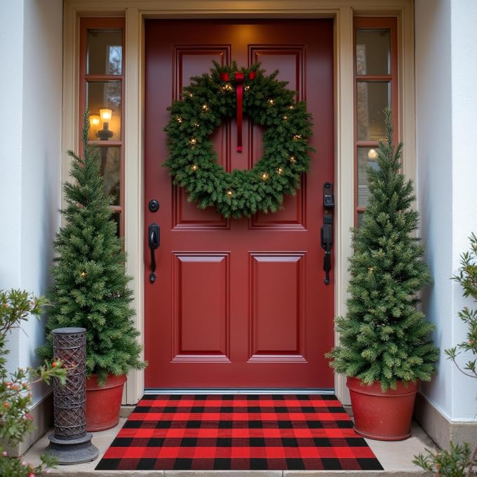 Buffalo Plaid Area Rug, Checkered Rug 3x5 Ft, Black and Red Rug, Washable Cotton Mat for Front Porch, Entryway, Kitchen, Living Room, Christmas Decor