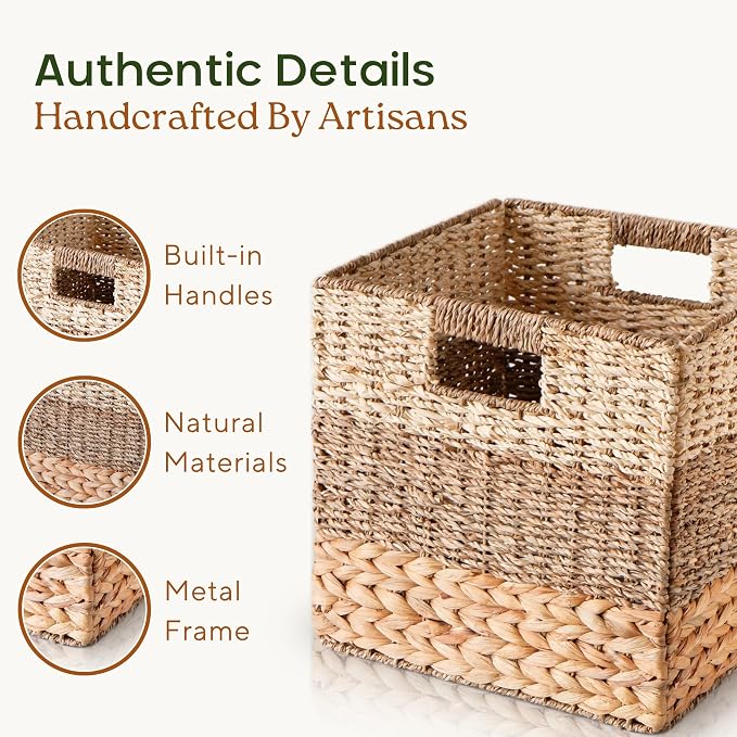 CHI AN HOME 12x12 Baskets for Cube Storage, Wicker Cube Storage Bins Set 4 | 12x12x12 Storage Bins, Foldable Square Baskets For Cube Shelves, Kallax Woven Bins, Versatile Storage, Natural Water Hyacinth