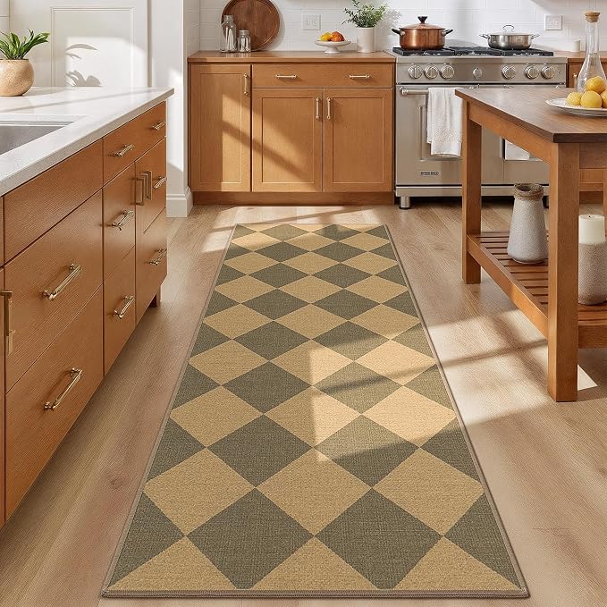 Lessymo Checkered Runner Rug 2x6 for Hallway, Washable Kitchen Non-Slip | Easy Jute Entryway Rug, Farmhouse Indoor Carpet Outdoor Rugs for Patio Backyard Porch, Kid Pet Friendly, Diamond Brown/Beige