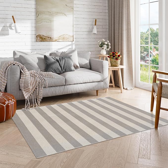 OJIA Outdoor Area Rugs 4'x6' Striped Patio Rug Washable Woven Camping Rug | Cotton Indoor Outdoor Rug Living Room Rug Checkered Rug Floor Carpet for Living Room/Dining Room/Deck/Backyard Gray/White