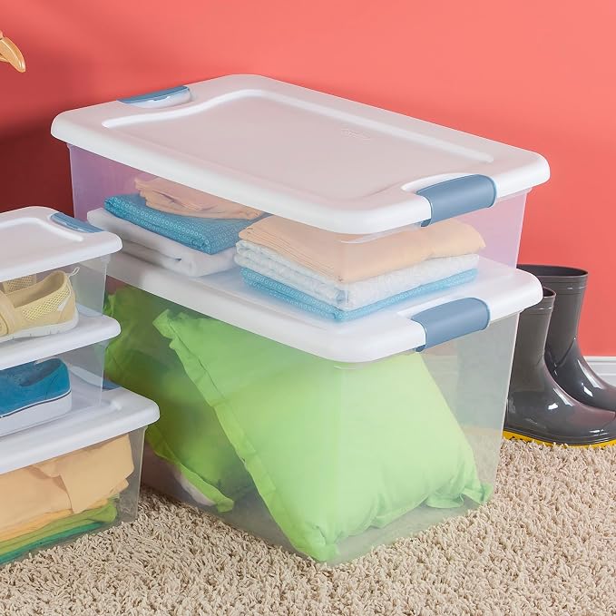 Sterilite Latching Box with Lids for Home and Office, 32 Quart, 18-Pack | Heavy-Duty and Stackable Plastic Containers with Latches for Closet, Cabinet, Bedroom, Bathroom and Dorm Room Organization