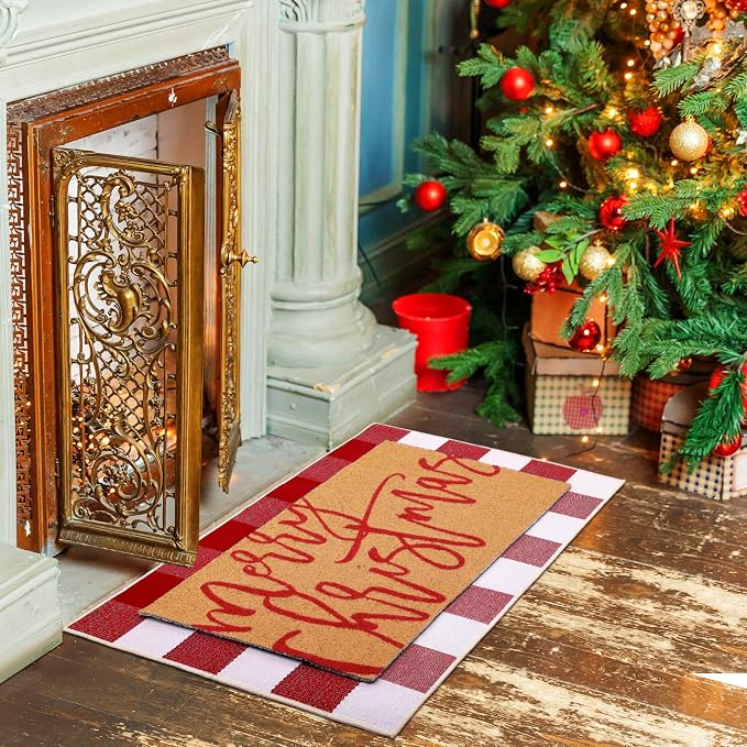 Tinideya 2 Pcs Door Mat Welcome Non Slip Coir Mats Floor Layering Doormats Seasonal for Front Porch Entryway Decor (23.6 x 35.4 Inches, Red White Plaid, Red White)