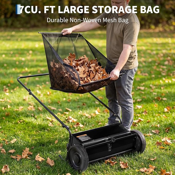 Steel 26 Inch Push Lawn Sweeper with 7 Cu ft Hopper Bag | Walk Behind Heavy Duty Leaf Collector and Yard Sweeper, Adjustable Brush Height for Patio Driveway & Garden Grass