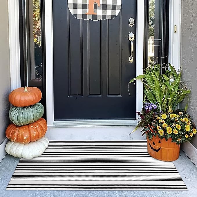 OJIA Black and White Outdoor Rug 24"x51" Front Door Mat Fall Porch Decor | Machine Washable Outdoor Doormat Woven Front Porch Rug Indoor Door Mat Entryway Striped Rugs for Farmhouse/Kitchen/Entrance