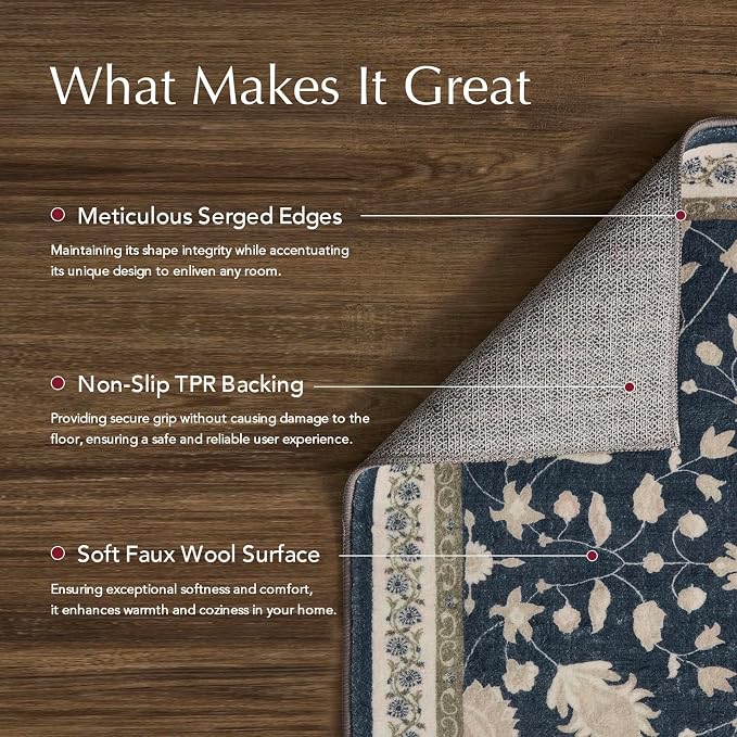 EVERGRACE Area Rugs for Living Room 8x10, Boho Floral Faux Wool Indoor Outdoor Rugs, Washable Rugs for Bedroom Dining Room Entryway Kitchen, Low Pile Floor Mat Carpet for Home Decor, Navy Blue