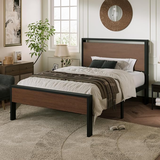 Allewie Twin Size Bed Frame, Heavy Duty 12 Metal Slats Support, Walnut | Wooden Headboard and Footboard, Modern Platform Bed, No Box Spring Needed, Under-Bed Storage, Noise Free, Easy Assembly