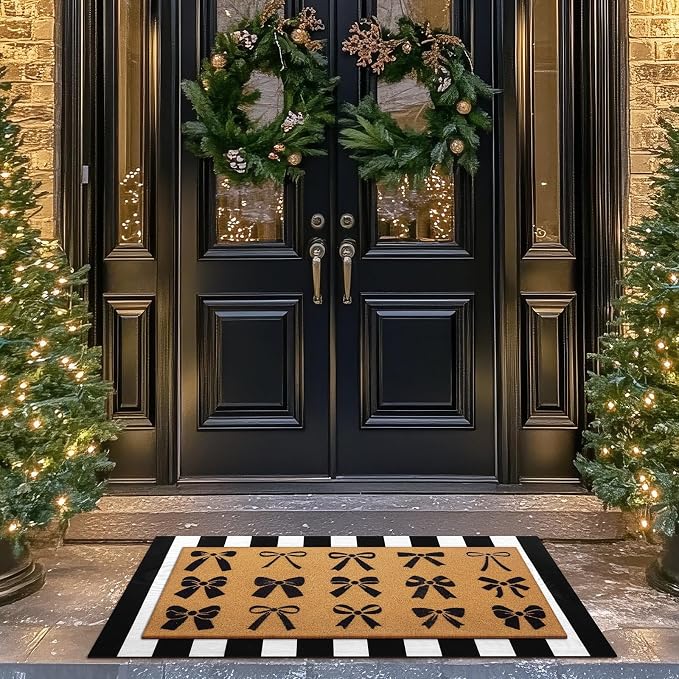 Tinideya 2 Pcs Door Mat Welcome Non Slip Coir Mats Floor Layering Doormats Seasonal for Front Porch Entryway Decor(Christmas Bows)