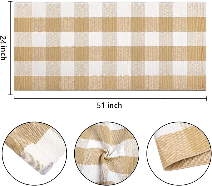 Khaki and White Outdoor Rug 24''x 51''Checkered Front Porch Mat Cotton Woven Washable Rugs Front Door Mat for Hello/Welcome Mat Entryway,Bedroom,Farmhouse Patio