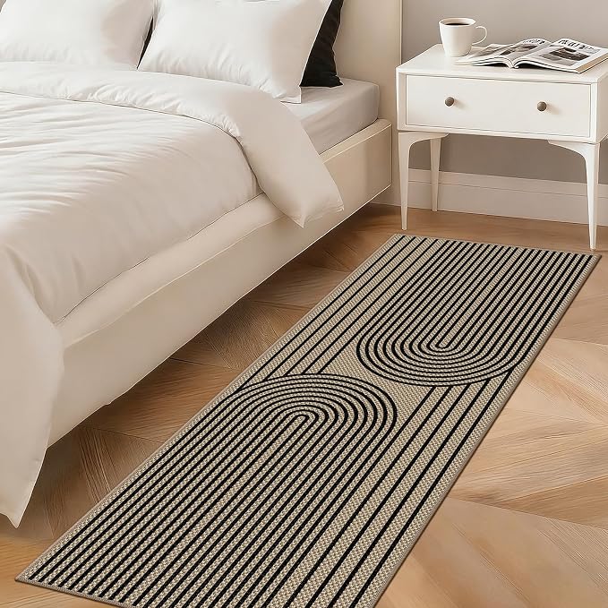 Faux Jute Hallway Runner Rug, 2' x 6' Kitchen Runner, Black Farmhouse Ultra-Thin Washable Non-Slip Carpet Runner for Laundry, Bedroom, Backyard, Outdoor, Home Decor