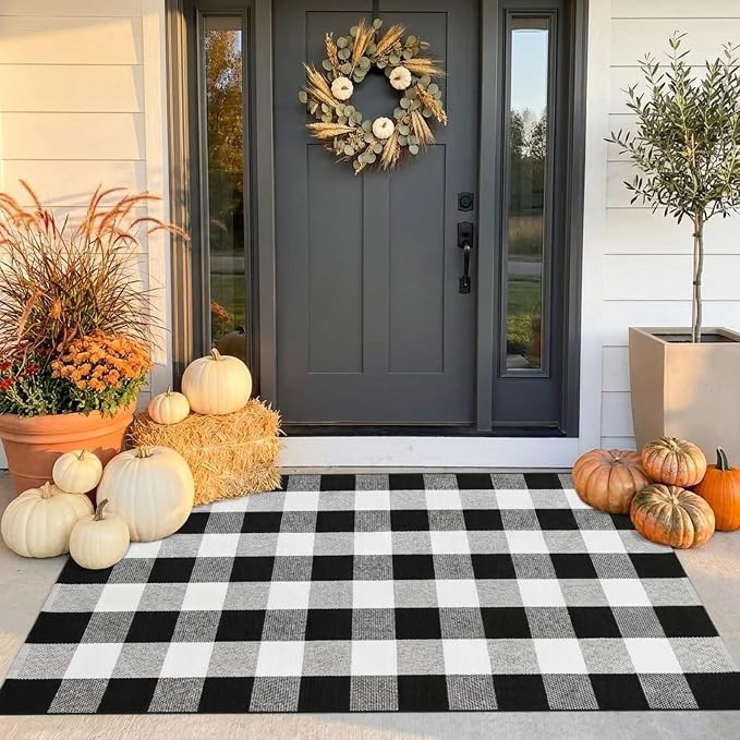 SEEKSEE Buffalo Plaid Outdoor Rug 3' x 5' Black and White Front Door Mat, Layering Rug for Porch, Washable Doormat, Cotton Area Rug for Outdoor Entrance Entryway Patio Porch Decor