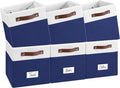 FinishingBo 10.5" x 11" Storage Bins with Labels 6 Pack | PU Leather Handles, Foldable Storage Cubes, Storage Baskets, Closet Storage, White/Blue