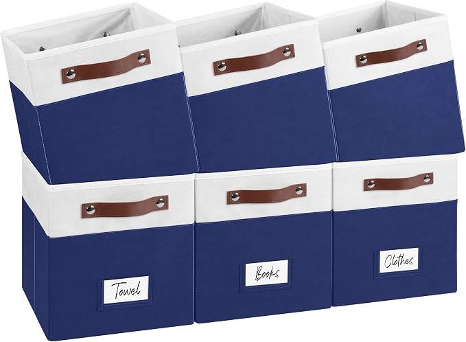 FinishingBo 10.5" x 11" Storage Bins with Labels 6 Pack | PU Leather Handles, Foldable Storage Cubes, Storage Baskets, Closet Storage, White/Blue