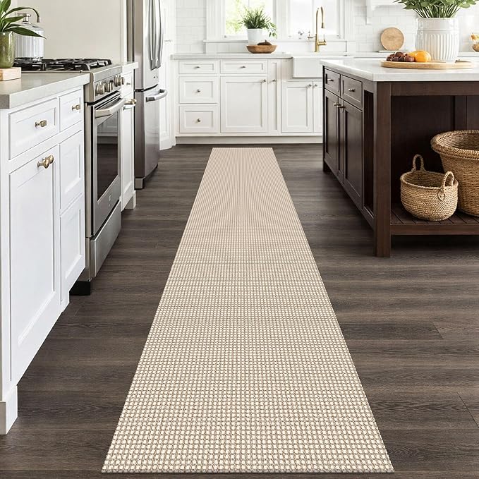 IOHOUZE Washable Runner Rug 2x12 Non Slip Rubber Backed Extra Long Hallway Runner Entryway Runner Indoor, Kitchen Rugs Woven Cotton Floor Carpet for Hall Entrance, Cream/Beige