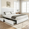VECELO Full Size Upholstered Bed Frame with 4 Drawers and Headboard, Velvet Platform Storage Bedframe, Wooden Slats Support, No Box Spring Needed,Snow-White
