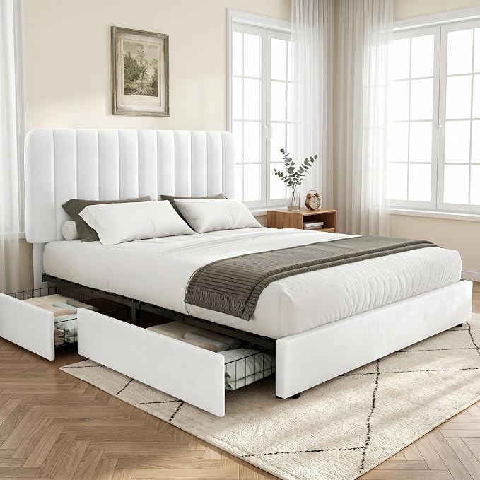 VECELO Full Size Upholstered Bed Frame with 4 Drawers and Headboard, Velvet Platform Storage Bedframe, Wooden Slats Support, No Box Spring Needed,White