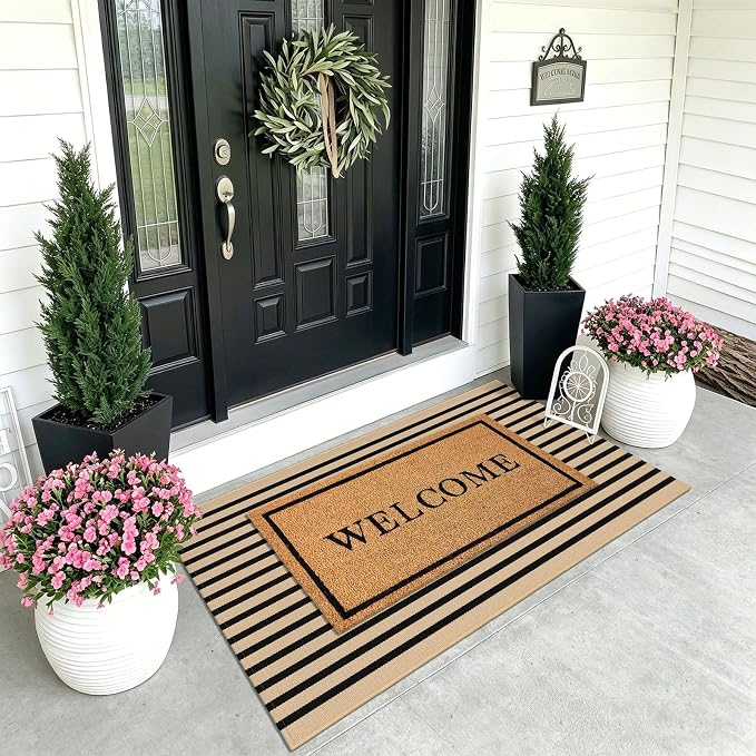 KOZYFLY 3'x5' Cotton Area Rug, Brown and Black Striped Outdoor Rug, Hand-Woven, Machine Washable, Perfect for Front Door, Kitchen, Living Room