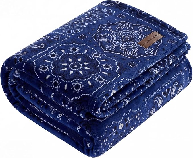 Lucky Brand 50" x 70" Plush Throw Blanket, Bandanny Navy Blue Blanket for Sofa or Bed