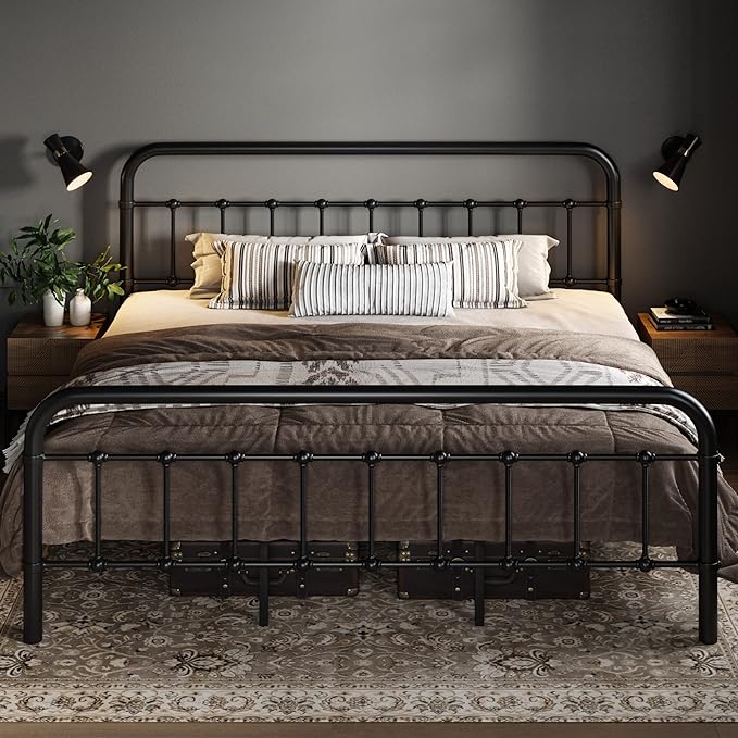 Allewie King Metal Bed Frame with Victorian Iron-Art Headboard, Black | Victorian Style Wrought Iron-Art Headboard/Footboard, Easy Assembly, Under Bed Storage, No Box Spring Required