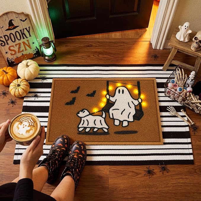 Moucuny 2 Pcs Halloween Coir Doormat Outdoor Cute Ghost with Dog Mat, Black and White Stripe Area Rug Halloween Outdoor Doormat for Front Door Porch Entryway Decor, 16'' x 28'', 24'' x 35''