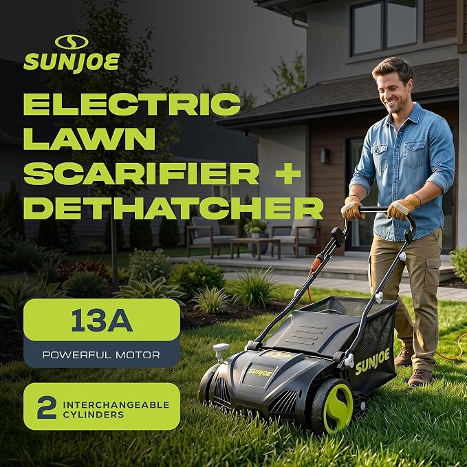 Sun Joe 15-Inch Lawn Dethatcher with Scarifier Blade Reel, AJ805E | and Collection Bag - 13-Amp Corded Yard Power Rake Tool Machine for Grass Thatch Removal, Electric Powered