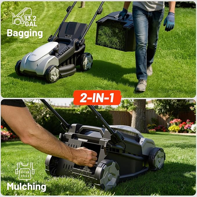 Litheli 40V (2×20V) Electric Lawn Mower 16″, Battery Push Mower with Brushless Motor, 6 Position Height Adjust, 2-in-1 Bagging & Mulching, 2×5.0Ah Batteries & Charger
