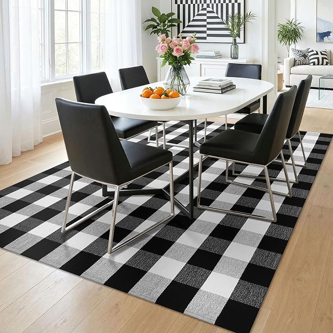 KOZYFLY Buffalo Plaid Area Rug 5x7 Living Room Rug Washable Cotton Black and White Checkered Rugs Outdoor Carpet for Dining Room Bedroom Farmhouse Patio Rugs