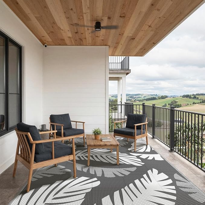 GENIMO Outdoor Rug, Waterproof Plastic Rugs for Patio, 6'x9' Grey White | Outside Larger Leaf Carpet Mat for Porch Decor, Deck, Balcony, Camping, RV, Backyard, Picnic, Beach, Reversible, Foldable