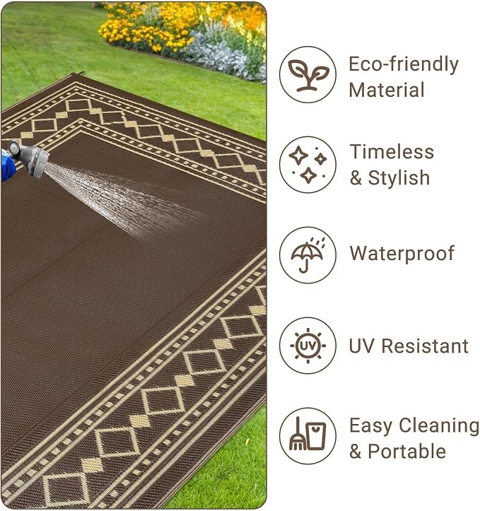 Large Outdoor Rug – Waterproof Reversible Plastic Straw Mat, Lightweight Patio Carpet, Modern Edgeed – 10x14ft, Peony Brown/Coffee – Specification