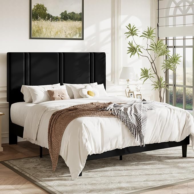 Allewie Queen Platform Bed Frame with Adjustable Headboard | Plush Velvet Upholstered, Vertical Channel Tufted, Sturdy Wood Slats, No Box Spring Needed, Easy Assembly, Black