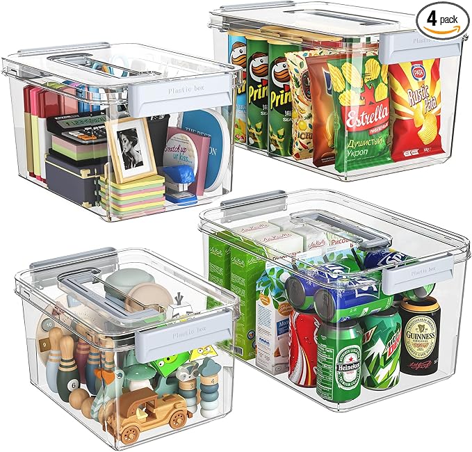 Plastic Storage Bins with Lids Stackable organization and Storage Containers for Organizing Snacks, Crafts, Tools Clear Storage Box with Latching handle(Clear, 2PCS-4.5QT 2PCS-8.5QT)