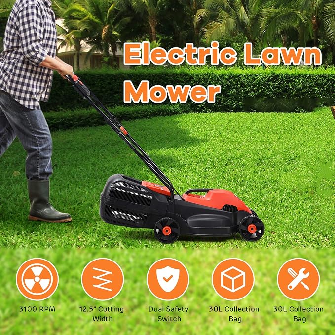 Happygrill Lawn Mower 13-Inch Electric Lawn Mower, Handle Push Corded Lawn Mowers with Grass Bag, Folding Handle, Adjustable Cutting Height for Garden Yard, 12 Amp,Red