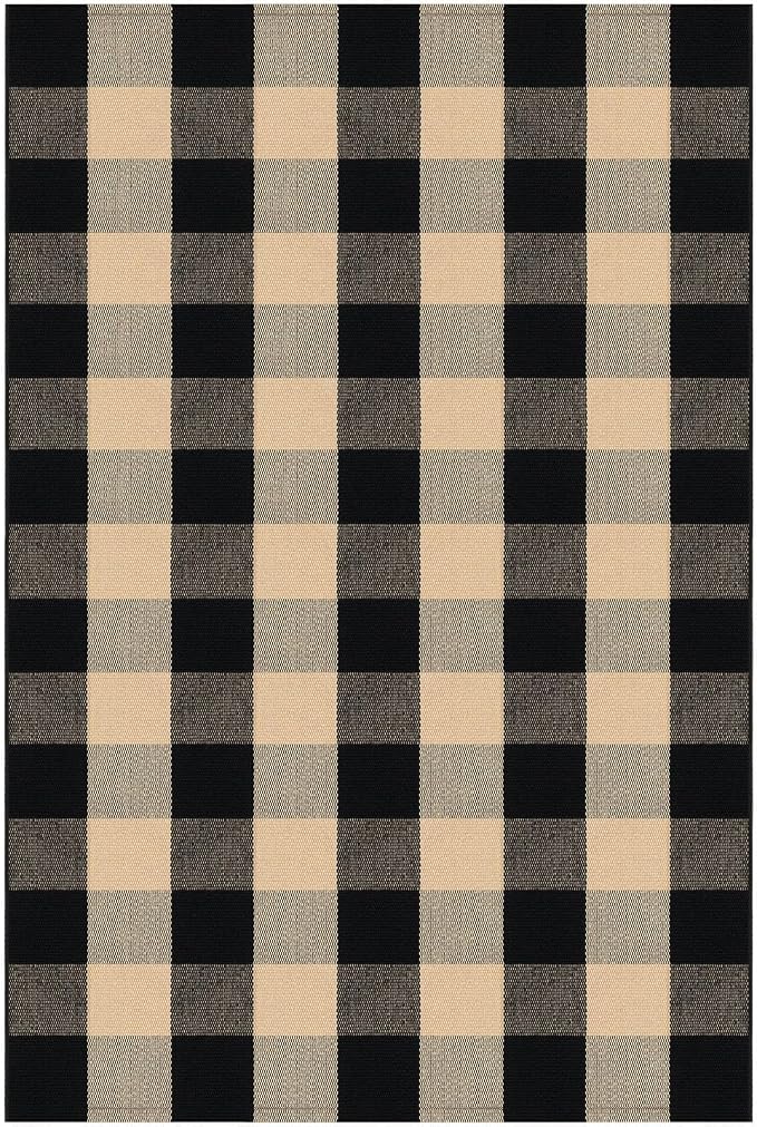 KOZYFLY Buffalo Plaid Area Rugs 3x5 ft Brown and Black Washable Front Door Mat Woven Cotton Indoor Outdoor Rug for Front Porch Kitchen Entryway Patio Farmhouse Checkered Doormat
