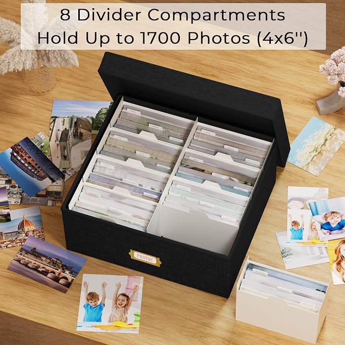 Decorative Photo Storage Box, 2 Pack Linen Photo Box Hold 1700 4x6 Pictures | Photo Storage Containers with 8 Dividers, Memory Keepsake Organizer for Photos, Scrapbook Supplies, Cards, Stamps, Black