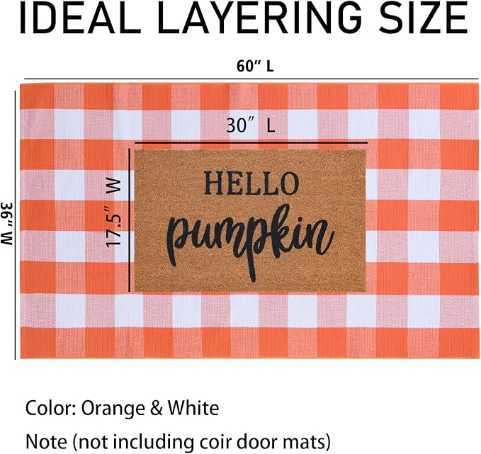 Orange and White Plaid Rug, 3' x 5' Fall Front Door Decor Mat, Cotton Washable Hand-Woven Door Mat for Layered Doormat, Autumn Halloween Thanksgiving Carpet for Porch, Entryway