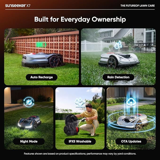 Sunseeker X7 AWD Robot Lawn Mower, RTK, Vision AI, 0.75 Acre, Wire-Free | Flagship AWD mowing for homeowners with large, challenging yards, steep slopes and uneven terrain.