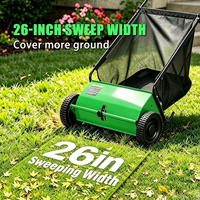 Push Lawn Sweeper, 26 in Grass Sweeper Leaf Collector with 7 Cu.ft Mesh Bag, Yard Sweeper with Adjustable Brush Height and 4 Spinning Brushes for Cleanup, Lawn Care Equipment