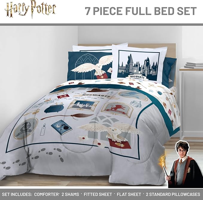 Harry Potter Full Comforter Set 7 Piece Soft Hogwarts Bedding, Grey | Hedwig, Bed in a Bag, Comforter Sheets Shams Pillowcases, Official Product, Soft Microfiber, Machine Washable, Kids Gift