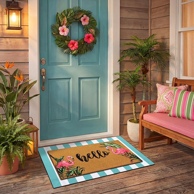 Tinideya 2 Pcs Summer Flamingo Layering Doormats Sets, Tropical Palm Leaves Hello Coir Door Mat with Rug for Porch Entryway Outdoor Decor