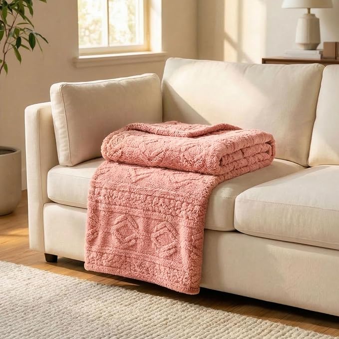 Superior Fleece Boho Jacquard Blanket, Decorative Blankets for Bedroom, Sofa, Fuzzy, Plush, Fluffy, Soft, Cute Room Decor, Beautiful Cover, Comfort Essentials, Arctic Collection, Throw, Blush