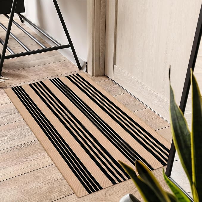 LEEVAN 2.3'X3.6' Black and Tan Striped Woven Cotton Reversible Outdoor Rug | Small Machine Washable Front Porch Rug, Entryway Door Mat, Indoor Layering Carpet for Farmhouse Bathroom Laundry