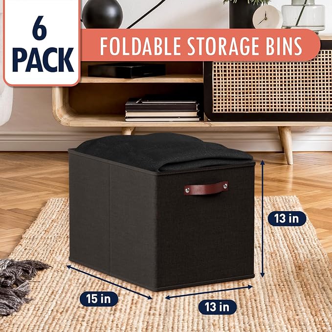 Ornavo Home 13x15x13 Foldable Fabric Storage Cube Bins, 6 Pack, Black | Collapsible Linen Shelf Basket Organizer; Leather Handles; Fits Cube Storage Shelving Units