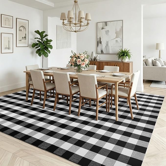 KOZYFLY Buffalo Plaid Area Rug 8x10 Living Room Rug Washable Cotton Black and White Checkered Rugs Outdoor Carpet for Dining Room Bedroom Farmhouse Patio Rugs