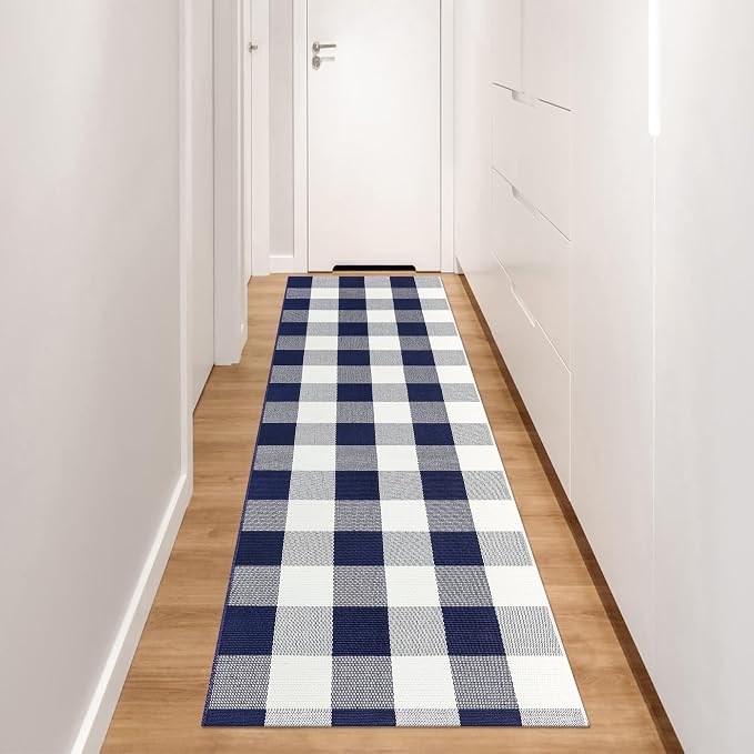 Buffalo Plaid Runner Rug 2x6 Feet Navy and White Checkered Runner Rug Cotton Woven Farmhouse Floor Mat Washable Rugs for Hallway Kitchen Laundry Bedroom Living Room