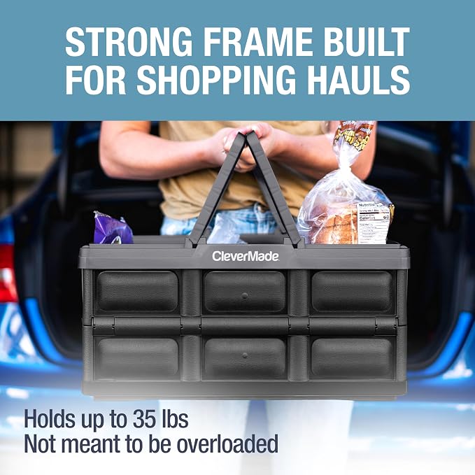 CleverMade Collapsible Shopping Basket, 32L, Recycled Plastic, Stone | Rigid walls support up to 35 lb, while top and side handles balance heavier grocery, laundry, or gear loads.